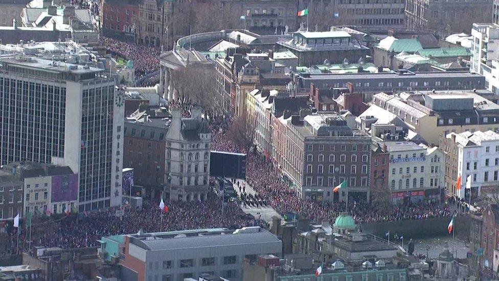 Crowds thronged the streets of Dublin's city centre as Ireland marks 100 years since the Easter Rising, an unsuccessful military strike against British rule in the country