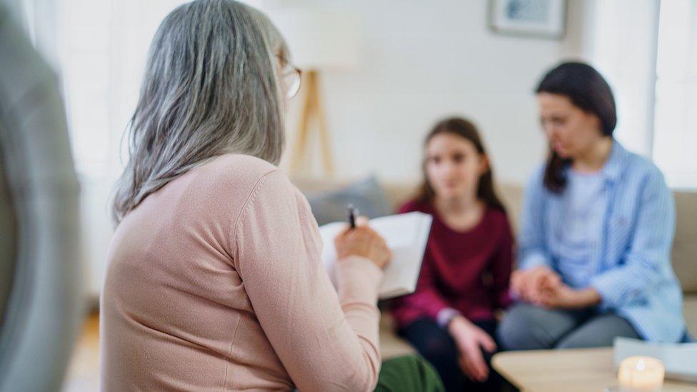 A counsellor talking to a mother and child (stock image)