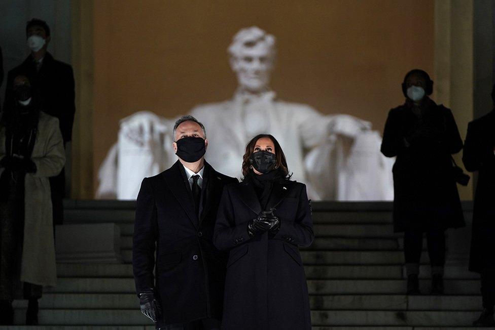 US. Vice-President Kamala Harris and her husband Doug Emhoff attend a televised ceremony at the Lincoln Memorial on 20 January 2021 in Washington, DC.