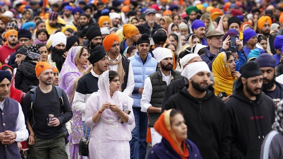 People take part in the Nagar Kirtan procession through the city centre in Southampton, during Vaisakhi celebrations to mark the birth of the Khalsa and to celebrate the spring harvest and the solar new year