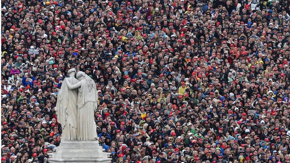 Crowds watch Trump's inauguration in January 2017