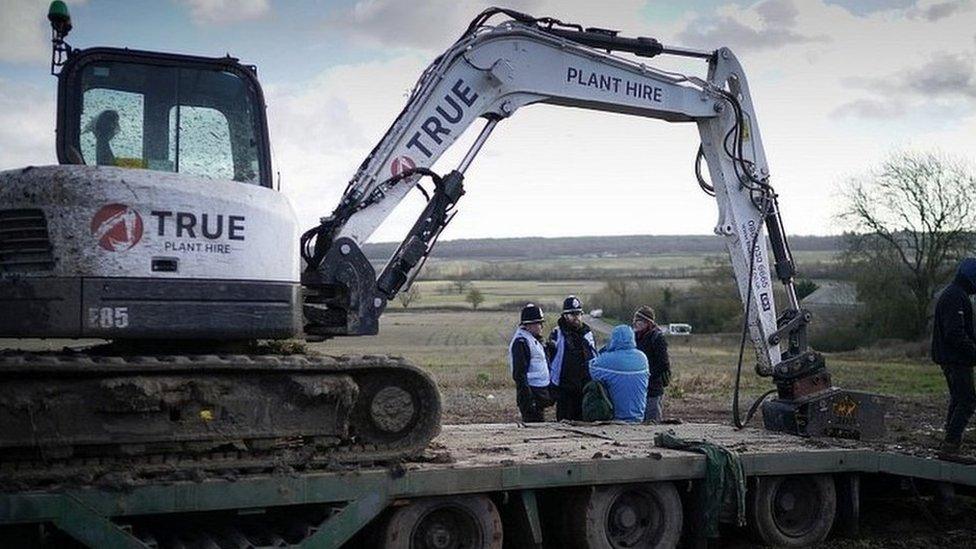 Anti-HS2 demonstrators prevent felling and hedgerow removal equipment from being unloaded on the HS2 route near the village of Offchurch