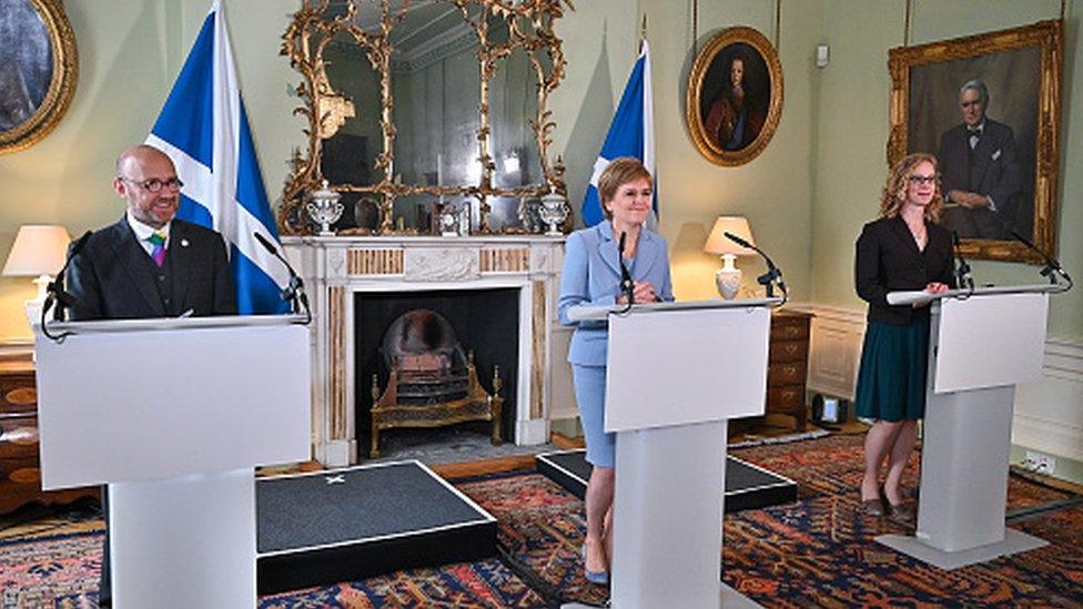 First Minister of Scotland Nicola Sturgeon holds a media briefing with Scottish Greens co-leaders