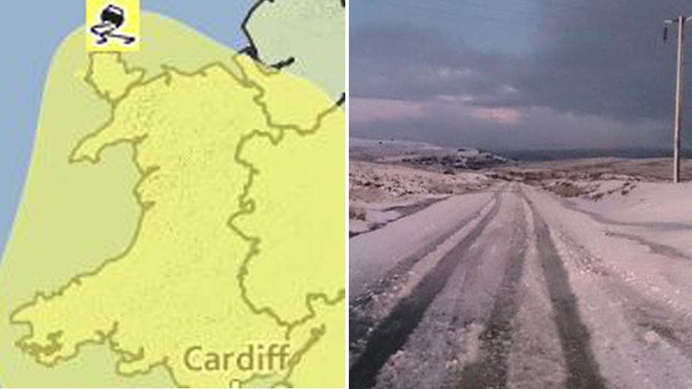 Map of Wales predicting snow ice and an icy road