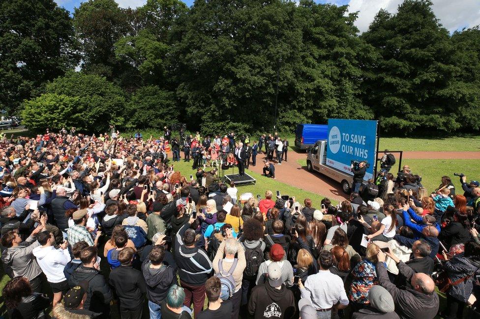 Labour leader Jeremy Corbyn speaking at an event in Phoenix Park, Runcorn, while on the General Election campaign trail.