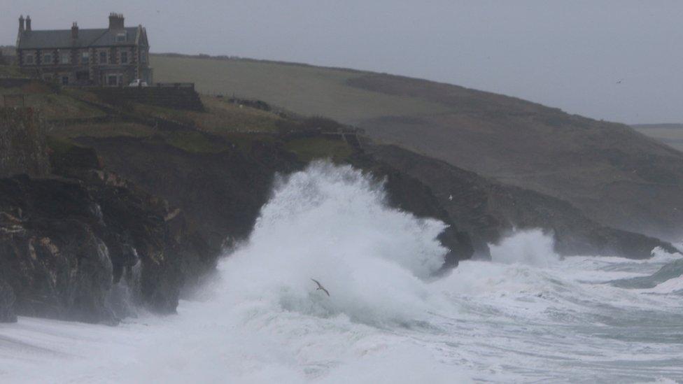 High waves due to Storm Isha hit the shore in Porthleven, Britain.