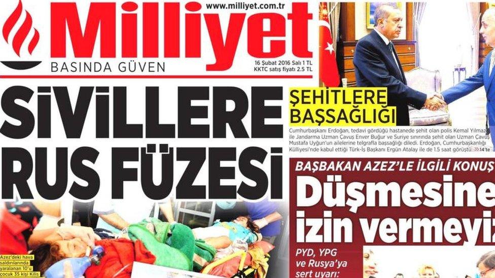 Front page of the Turkish daily Milliyet on 16 February 2016.