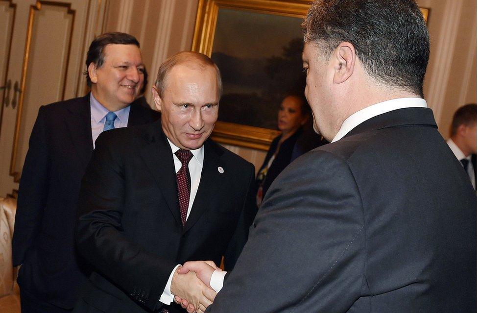 Russia's President Vladimir Putin (C) shakes hands with Ukraine's President Petro Poroshenko before their meeting with European leaders on Ukraine's crisis, on October 17, 2014