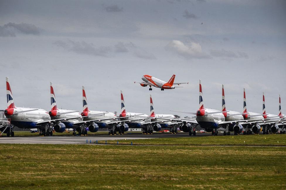 Grounded fleet of BA planes on the runway at Glasgow airport