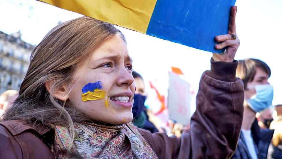 People gathered for a demonstration against Russia's invasion of Ukraine, at Place de la Republique in Paris, on 26 February 2022