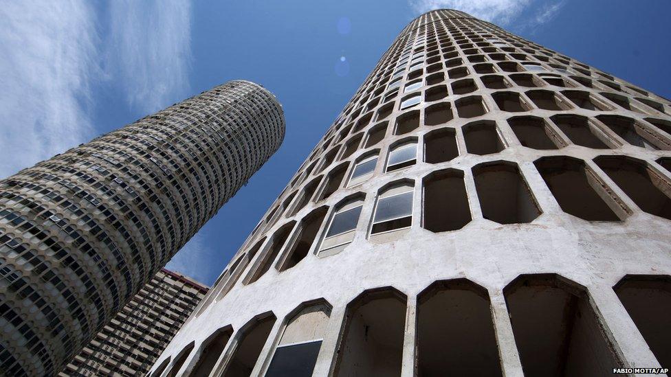 View of a building (right) designed by architect Oscar Niemeyer