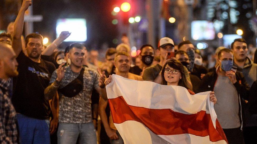 Image shows protesters a day after the Belarusian presidential election in Minsk