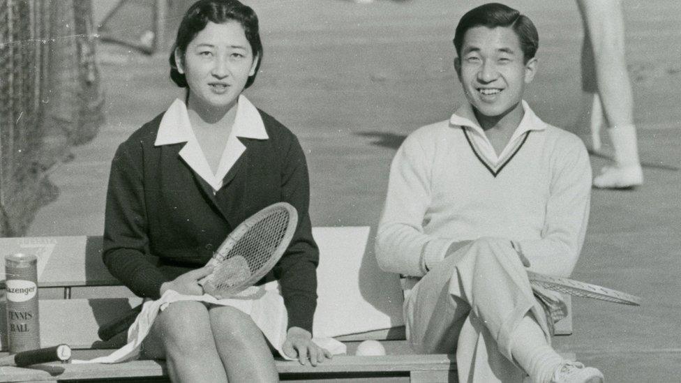 Crown Prince Akihito and Michiko Shoda enjoy tennis at Tokyo Lawn Tennis Club on 6 December 1958 in Tokyo, Japan