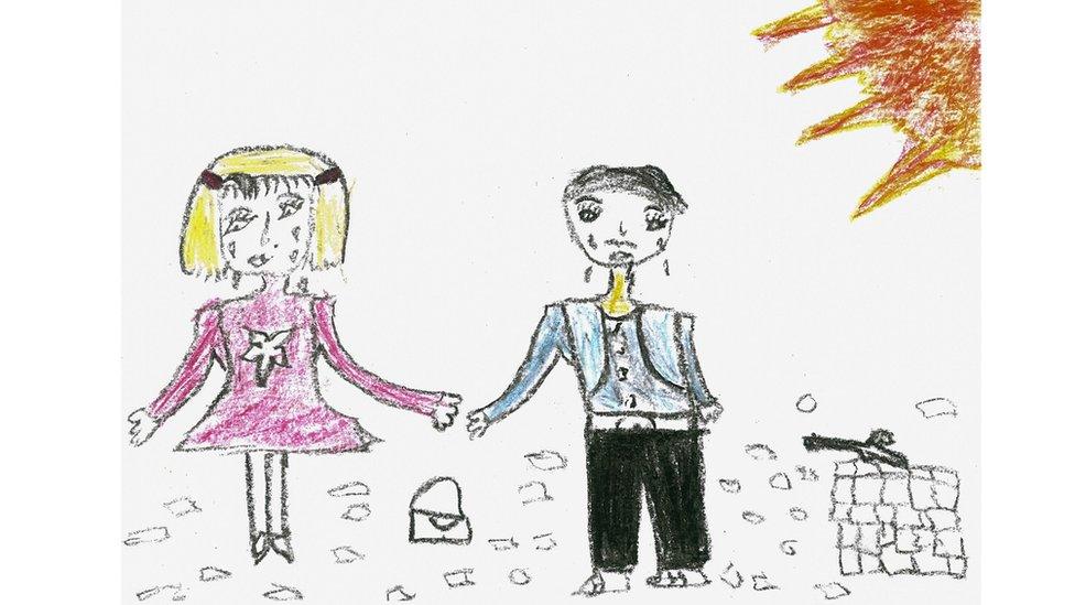 Drawing by Syrian child refugee showing a girl and a boy crying