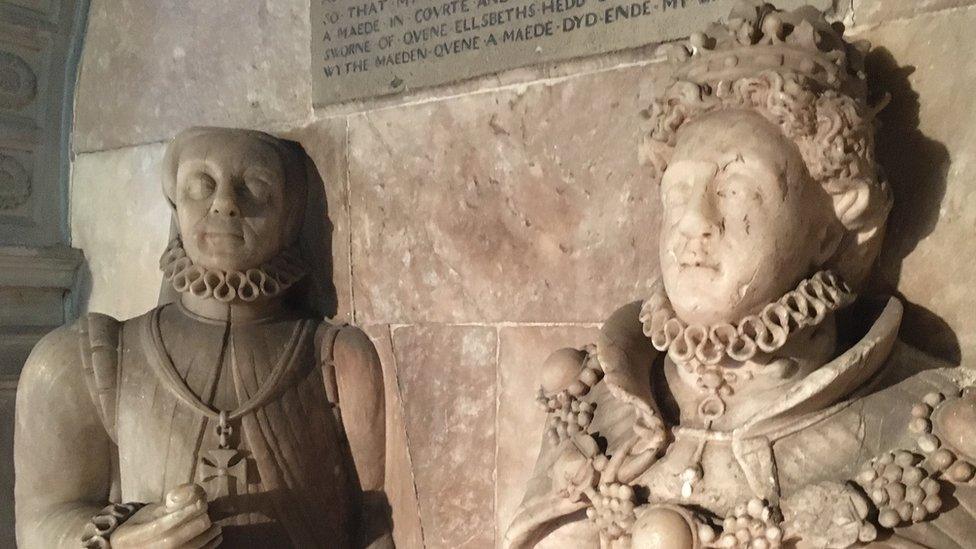 A monument to Blanche Parry and Elizabeth I which was commissioned by Parry before her death