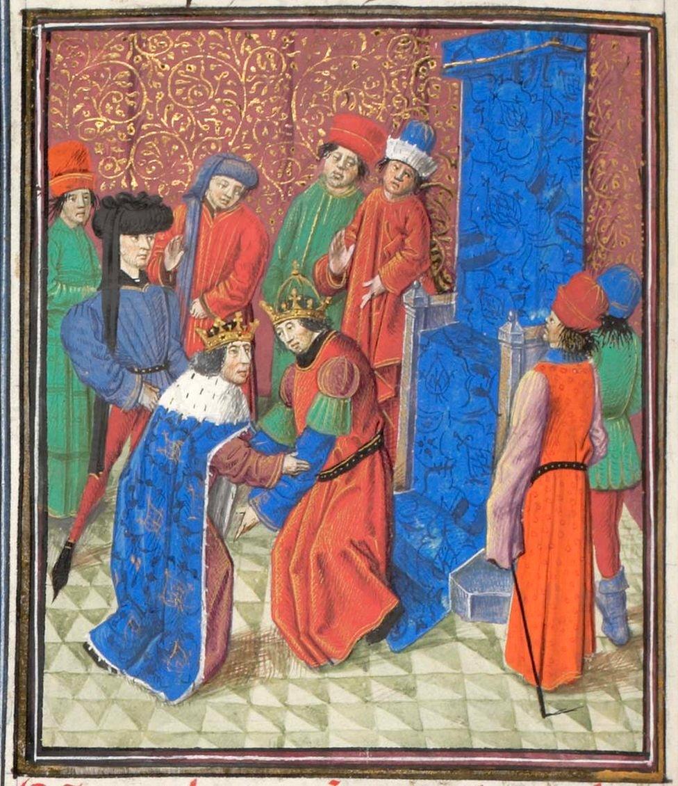 Emperor Manuel I Komnenos meets with king Amalric I of Jerusalem. Miniature from the Historia by William of Tyre, 1460s