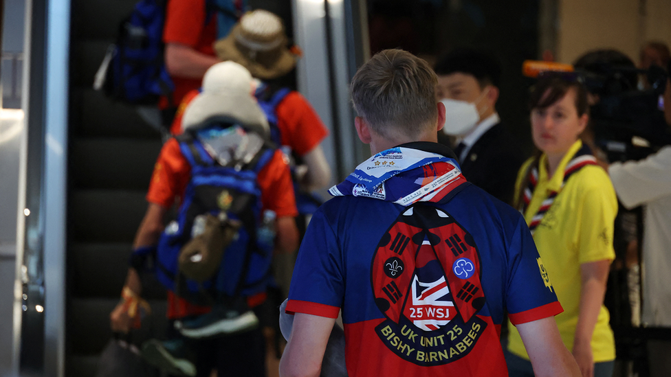 British scouts arriving at a hotel in Seoul, South Korea on 5 August