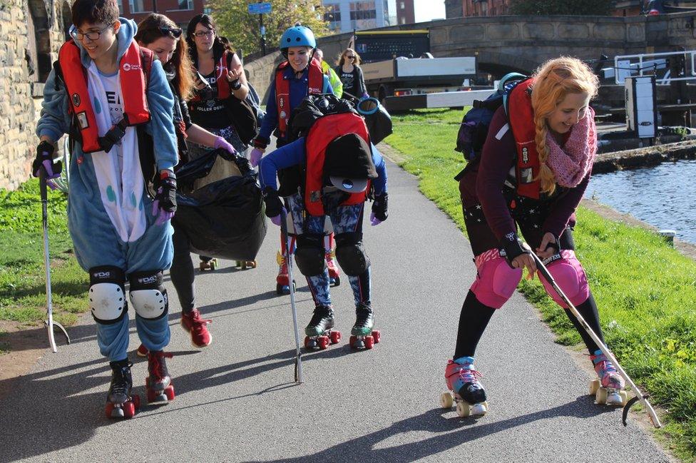 Roller derby players pick litter in Leeds