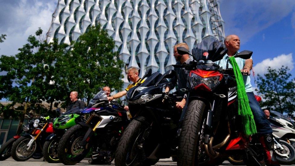 Bikers outside the US Embassy in London, as they take part in a Harry Dunn memorial ride