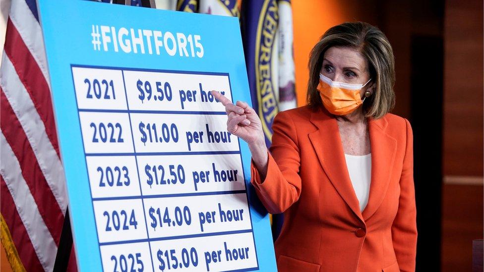 Speaker of the House Nancy Pelosi (D-CA) speaks to the media about legislation to raise the minimum wage during a briefing on Capitol Hill in Washington, U.S., March 11, 2021.