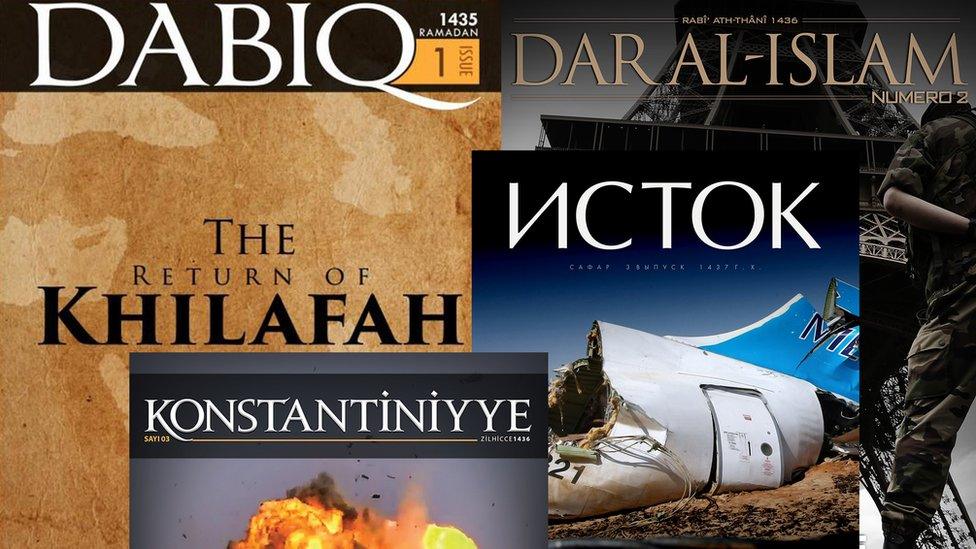 IS produces magazines in four languages: English, French, Russian and Turkish and Arabic