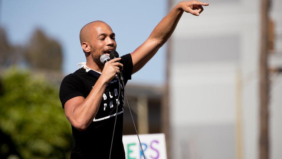 Kendrick Sampson speaks at a Black Lives Matter protest in Los Angeles earlier this month