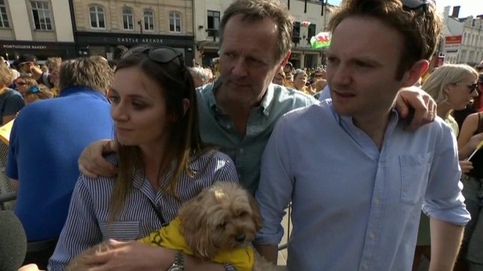 Wife Sara, father-in-law Eifion and brother-in-law Rhys and Geraint's pet dog Blanche