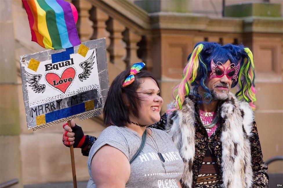 Activists march in the street during a rally in support of Same-Sex Marriage in Sydney, Australia, 9 August 2015