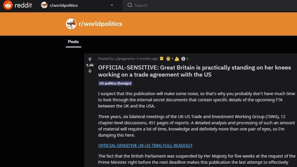 Screengrab of the Reddit post that revealed sensitive US-UK trade documents