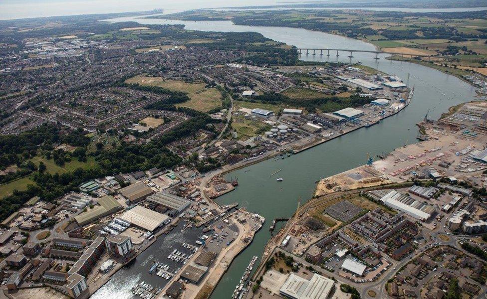 Aerial view from Ipswich out to sea