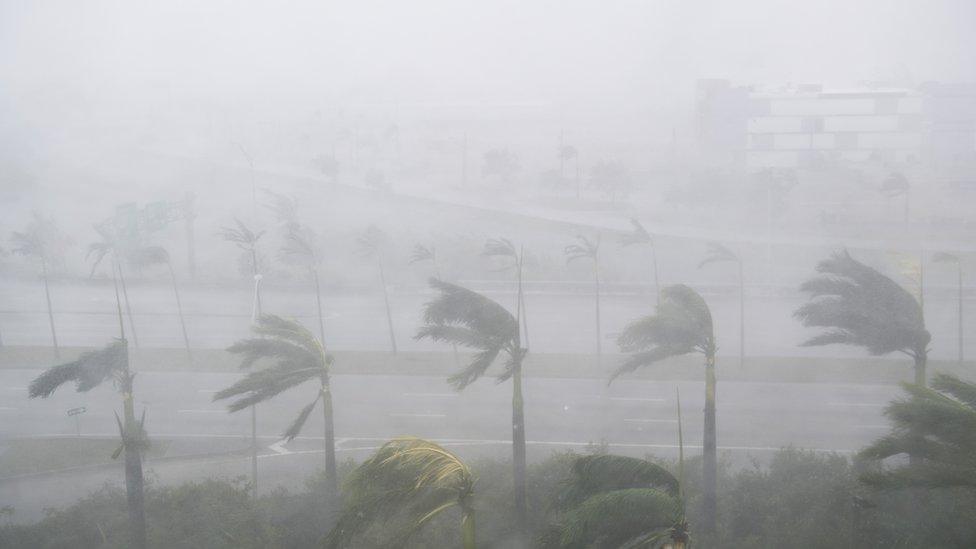 Heavy winds and rain from Hurricane Irma are seen in Miami, Florida, September 10, 2017.