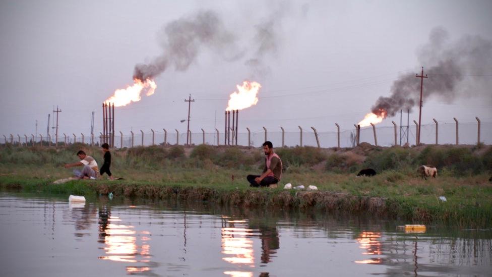 Gas flaring at an oil production site in Iraq