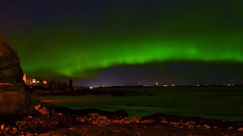 The Aurora over St Andrews castle and cathedral.