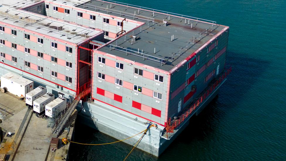 An aerial view of the Bibby Stockholm immigration barge moored at Portland Port, in August 2023 in Portland, England