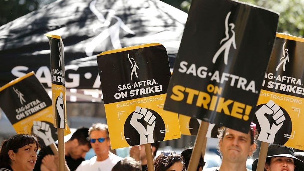 SAG-AFTRA members and supporters on the picket line as the SAG-AFTRA Union Strike continues in front of NBC Studios on August 31, 2023 in New York City. Members of SAG-AFTRA and WGA (Writers Guild of America) have both walked out in their first joint strike against the studios since 1960. The strike has shut down a majority of Hollywood productions with writers in the third month of their strike against the Hollywood studios.