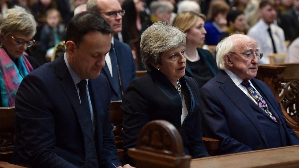 Leo Varadkar, Theresa May and Michael D. Higgins at the funeral of Lyra McKee