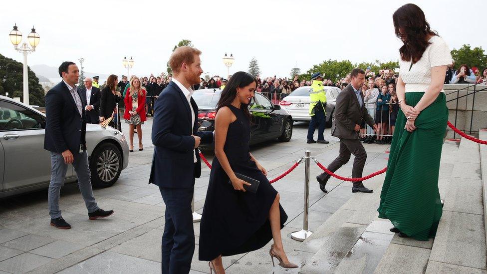 Jacinda Ardern greets Harry and Meghan