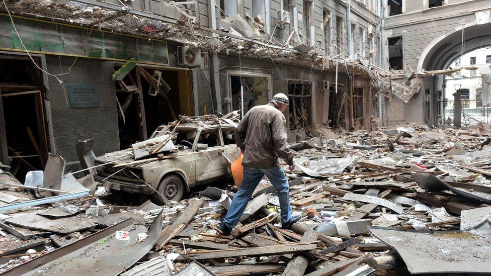 Ruined buildings in Kharkiv, Ukraine, on 5 March, 2022