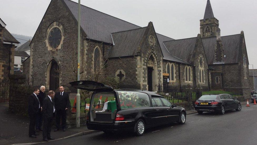 The hearse outside St Margaret's Church in Mountain Ash