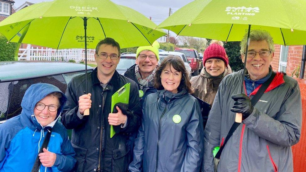 Green Party councillor Suzanne Wateridge with Green Party candidate for Waveney Valley Adrian Ramsay and campaign helpers