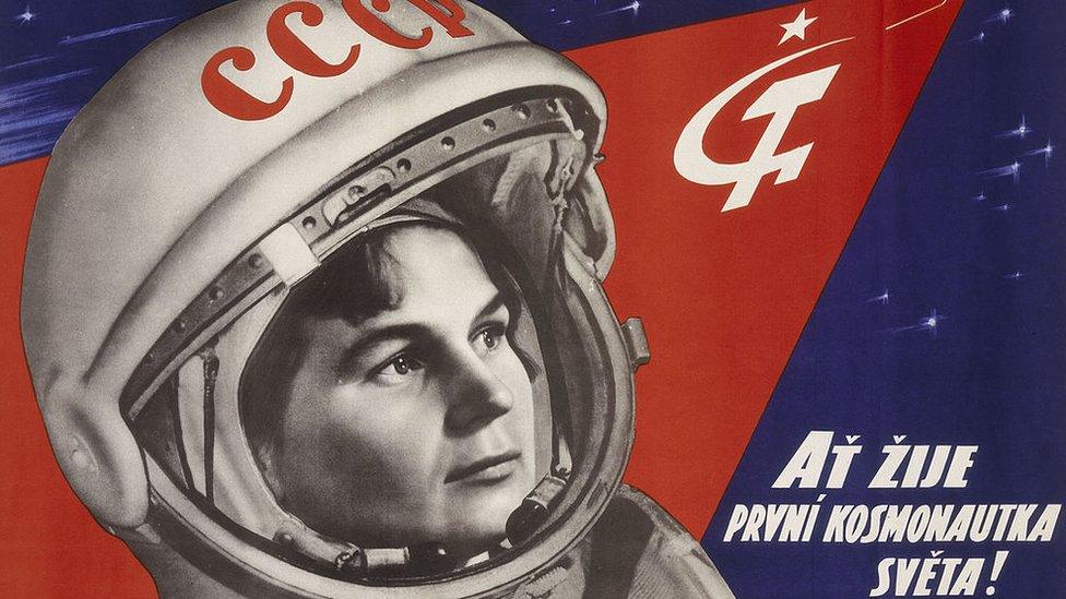 Colour poster issued by the Soviet State Publishing House of Decorative/Fine Arts in Moscow, Russia, to celebrate the first woman in space.