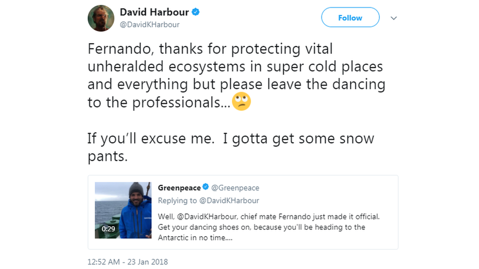 Twitter screengrab of David Harbour's tweet. Reads: Fernando, thanks for protecting vital unheralded ecosystems in super cold places and everything but please leave the dancing to the professionals... If you'll excuse me. I gotta get some snow pants.