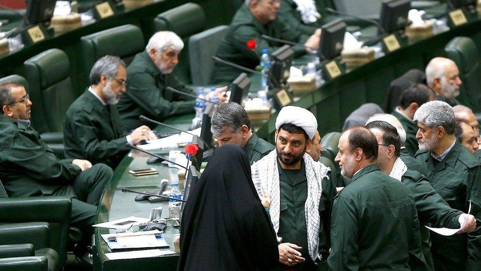 Iranian lawmakers wearing Iranian Revolutionary Guard Corps uniforms at the Iranian parliament in Tehran, 09 April 2019