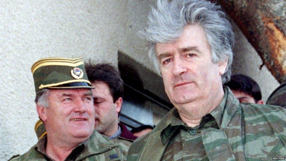 Bosnian Serb wartime leader Radovan Karadzic (R) and his general Ratko Mladic are seen on Mountain Vlasic in Banja Luka in Bosnia and Herzegovina, in this April 1995 file photo.