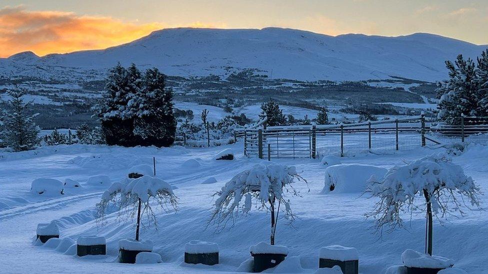 Sun rising behind mountains and fields covered in snow