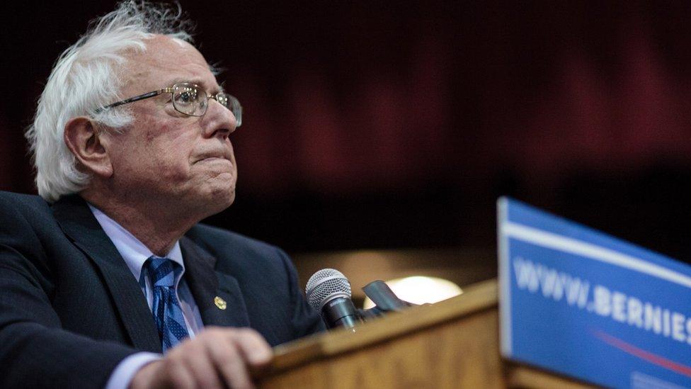 Bernie Sanders frowns during a campaign speech in Oregon.