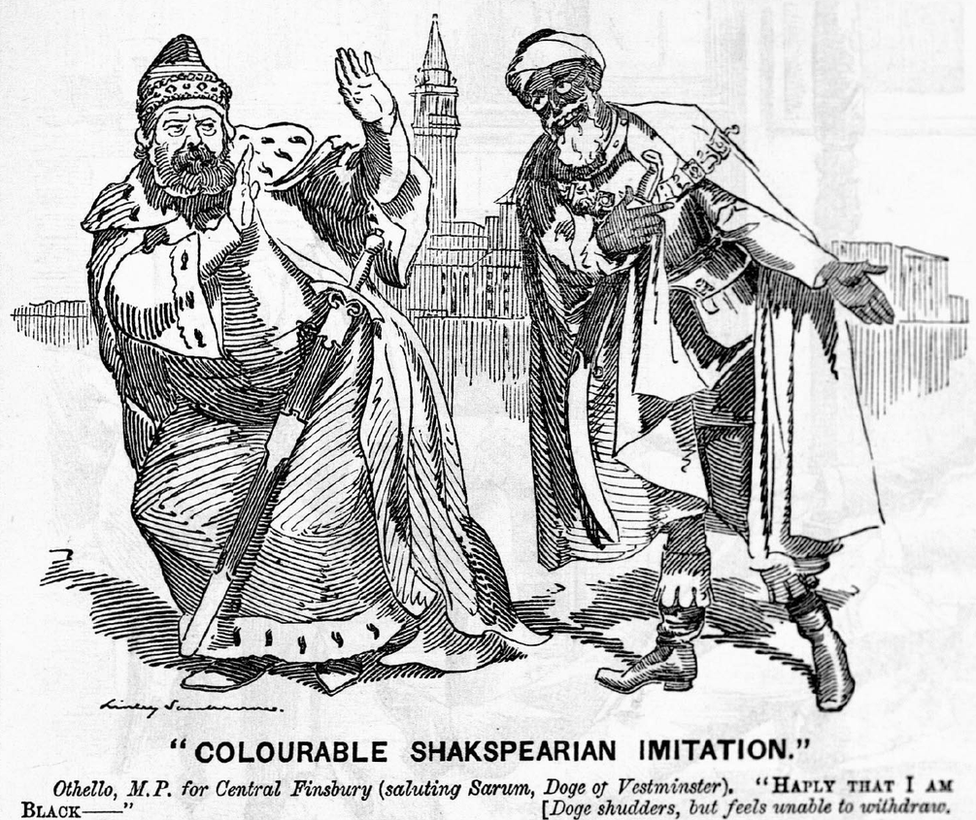 a cartoon from Punch depicting Naoroji, recently elected to Parliament, as Othello, confronting Lord Salisbury.