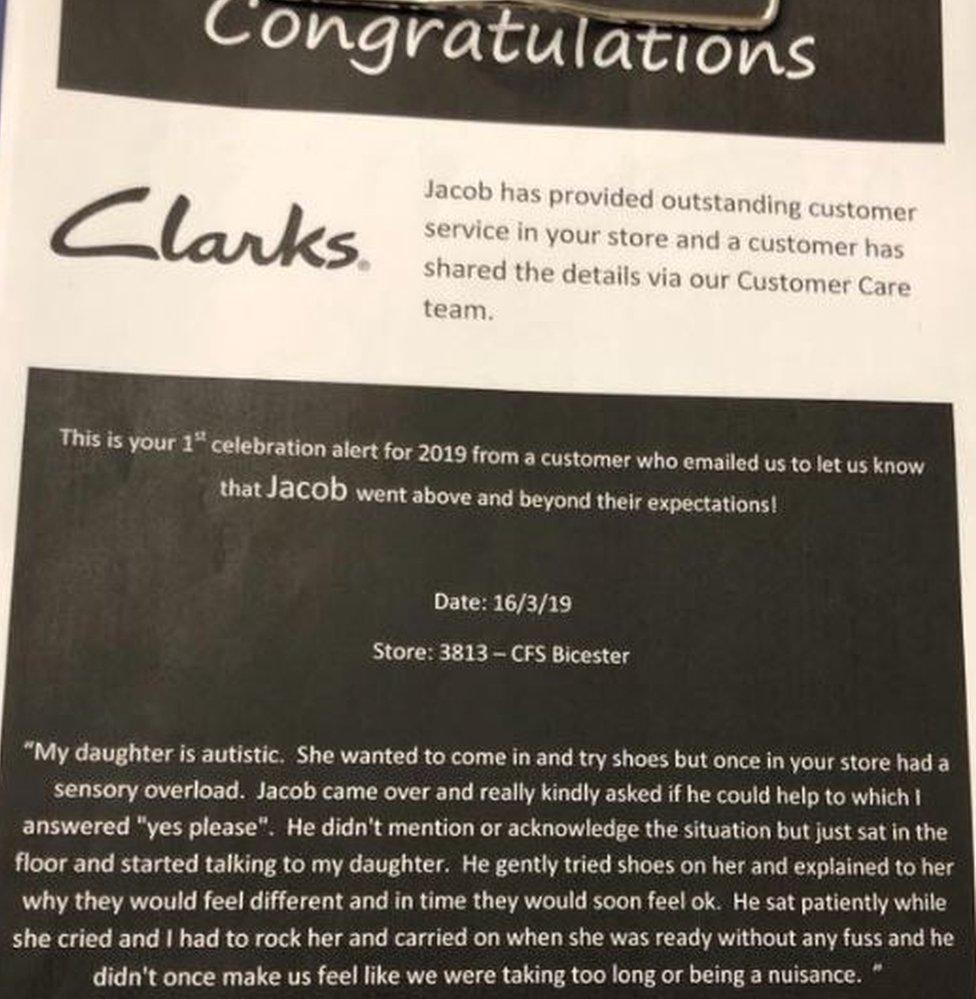 Congratulations note from Clarks shoes outlining the email of thanks from the customer who was helped by Jacob