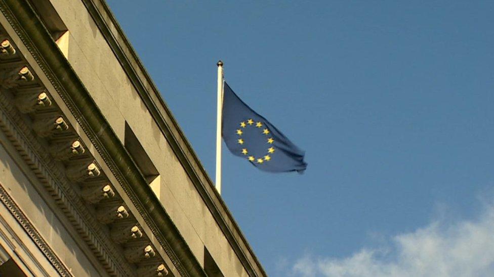 An EU flag on the Welsh Government headquarters