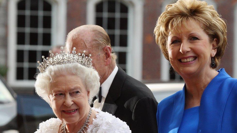 Queen Elizabeth II arrives to attend a state banquet in Dublin Castle with Irish president Mary McAleese in May 2011 in Dublin, Ireland